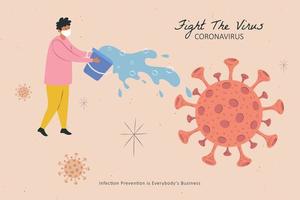 uomo scrosciante un' secchio di acqua al di sopra di il virus, covid-19 ambientale pulizia concetto illustrazione vettore
