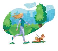 illustrazione divertente di una ragazza che cammina con il cane vettore