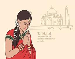donna indiana che prega davanti al taj mahal. illustrazioni di disegno vettoriale stile disegnato a mano.