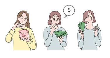 una donna che tiene i soldi e fa un piano di soldi. illustrazioni di disegno vettoriale stile disegnato a mano.