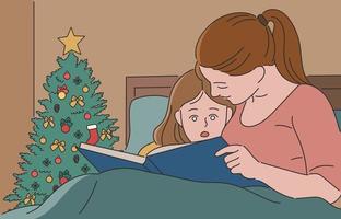 la madre sta leggendo un libro a sua figlia. illustrazioni di disegno vettoriale stile disegnato a mano.