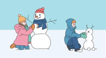 i bambini stanno facendo un simpatico pupazzo di neve. illustrazioni di disegno vettoriale stile disegnato a mano.