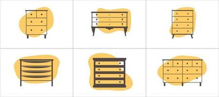 mobilia icone impostato nel piatto stile. cassettiere su astratto figure-substrati. vettore