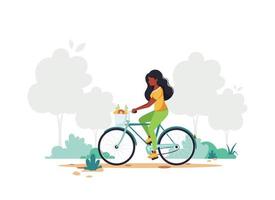 donna nera in sella a bici. stile di vita sano, sport, concetto di attività all'aperto. illustrazione vettoriale