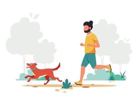 uomo che fa jogging con il cane. attività all'aperto. illustrazione vettoriale. vettore