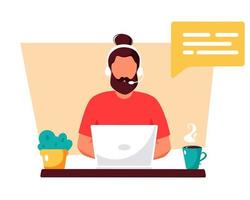 uomo con le cuffie che lavorano al computer. servizio clienti, assistente, supporto, concetto di call center. illustrazione vettoriale. vettore