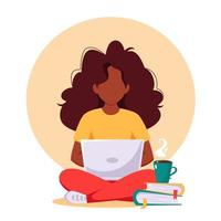 donna nera che lavora al computer portatile. freelance, lavoro a distanza, studio online, concetto di lavoro da casa. illustrazione vettoriale