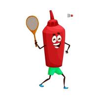 cartone animato ketchup bottiglia personaggio giocando badminton vettore