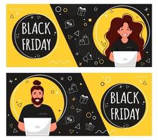 banner del venerdì nero. persone che fanno acquisti online. illustrazione vettoriale in stile piatto.