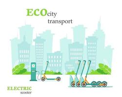 trasporto urbano eco. scooter elettrico alla stazione di ricarica. noleggio scooter elettrici. concetto di ambiente verde. illustrazione vettoriale
