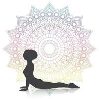 silhouette di una donna in cobra yoga posa su un disegno mandala vettore