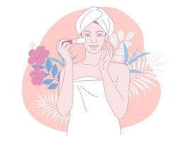 donna a casa con un' asciugamano su sua fare trucco biologico cosmetici, con le foglie e fiore, bellezza corpo cura concetto. vettore design illustrazione.