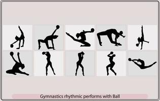impostato di ritmico ginnastica sagome, ritmiche ginnastica silhouette sport vettore illustrazione, ritmica ginnasta con un' palla nel un' posa