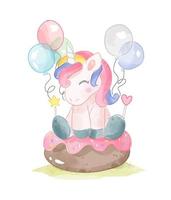 unicorno carino seduto sulla torta ciambella e palloncini illustrazione vettore