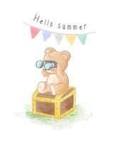 orso del fumetto che tiene il binocolo e che si siede sull'illustrazione di legno del torace vettore