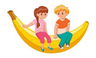 carino bambini seduta su banane cartone animato vettore icona illustrazione. persone frutta icona concetto isolato premio vettore. vettore illustrazione