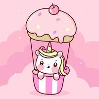 vettore di unicorno carino sul cielo pastello palloncino dolce cupcake con sfondo di animali kawaii cartone animato pony nuvola