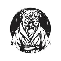 bulldog indossare accappatoio, Vintage ▾ logo concetto nero e bianca colore, mano disegnato illustrazione vettore