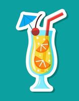 vettore arancia cocktail etichetta nel cartone animato stile. isolato bevanda nel bicchiere con agrume fette, ombrello e succo cannuccia con bianca contorno