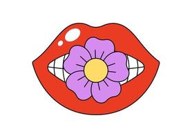 retrò Groovy bocca con camomilla fra denti. hippy lucido rosso Aperto labbra e margherita fiore. impaurito femmina labbro con rossetto e fiorellino. Vintage ▾ hippie etichetta. di moda y2k pop arte toppa. vettore eps