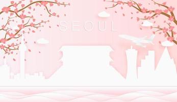 panorama viaggio cartolina, manifesto, giro pubblicità di mondo famoso punti di riferimento di seoul, primavera stagione con fioritura fiori nel albero vettore icona