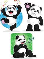 cartone animato panda gigante mascotte disegno felice agitando mangiare bambù set vettore