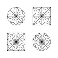 set di quattro rosette vettoriali in stile linea. rosoni geometrici composti da triangoli. decorazioni architettoniche racchiuse a forma di cerchio o quadrato.