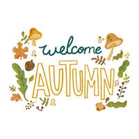 Elementi svegli di autunno come foglie, funghi e rami con iscrizione vettore