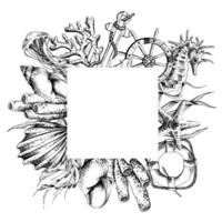 nautico piazza telaio, modello con mano disegnato mare cavallo, Medusa, coralli, conchiglie, ancora e timone, isolato su bianca sfondo. vettore illustrazione nel eps formato grafica. per manifesti, carte
