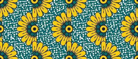 africano cera Stampa modello. senza soluzione di continuità bellissimo kitenge, chitenge, olandese cera, e angara stile. moda design nel colorato. giallo botanico fiori su verde sfondo. africano cera Stampa tessuto. vettore