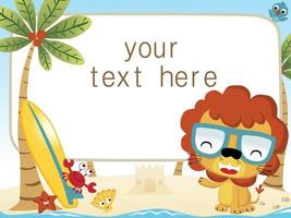 divertente Leone cartone animato con marino animali e tavola da surf nel il spiaggia su bandiera sfondo vettore