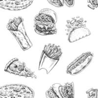 vettore Vintage ▾ veloce cibo senza soluzione di continuità modello. mano disegnato monocromatico Rifiuto cibo illustrazione con hamburger, caldo cane, Pizza, tacos, burrito e francese patatine fritte. grande per menù, manifesto o ristorante sfondo.