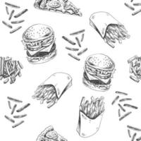 vettore Vintage ▾ veloce cibo senza soluzione di continuità modello. mano disegnato monocromatico Rifiuto cibo illustrazione con hamburger e francese patatine fritte. grande per menù, manifesto o ristorante sfondo.