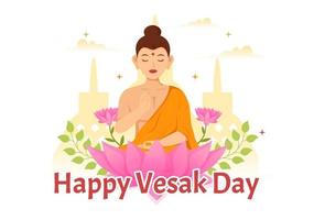 Vesak giorno celebrazione vettore illustrazione con tempio silhouette, loto fiore, lanterna o Budda persona nel piatto cartone animato mano disegnato modelli