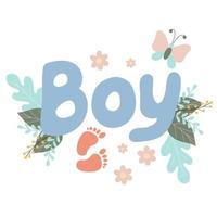 lettering ragazzo decorato con ramoscelli e foglie di fiori, lettere blu, iscrizione carina per un neonato, oggetti vettoriali in stile doodle.