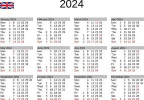 anno 2024 calendario nel inglese con unito regno vacanze vettore