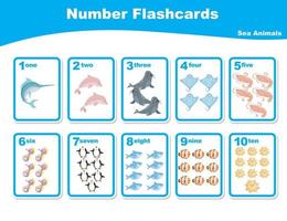 carino numero flashcard con mare animali impostare. inglese conteggio uno per dieci. foglio di lavoro per apprendimento inglese. educativo attività per prescolastico bambini. vettore illustrazione.