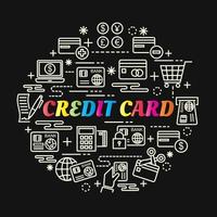 carta di credito gradiente colorato lettering con icone di linea vettore