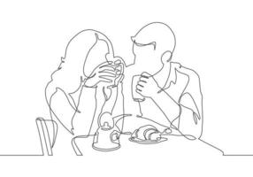 giovane amorevole coppia nel un' bar. un' donna e un' uomo sedersi per caffè e cibo. uno continuo linea. minimo illustrazione vettore