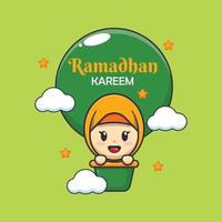 carino ragazza volante aria Palloncino nel Ramadan. Ramadan cartone animato portafortuna vettore illustrazione.