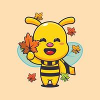 carino ape Tenere autunno foglia. portafortuna cartone animato vettore illustrazione adatto per manifesto, opuscolo, ragnatela, mascotte, etichetta, logo e icona.