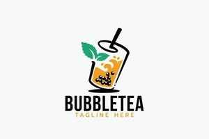 fresco bolla tè logo con un' combinazione di un' bicchiere di bolla tè e tè le foglie. vettore