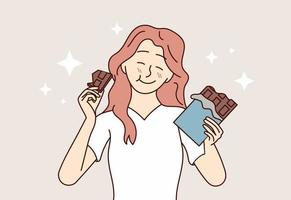 contento ragazza sorrisi e mangia delizioso cioccolato. un' gioioso donna gode un' trattare e si sente grande. vettore piatto illustrazione