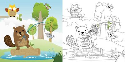 vettore illustrazione, colorazione libro di castoro pesca, gufo pertica su albero rami, scimmia nascondiglio su albero