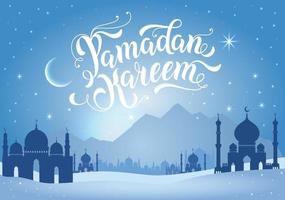 illustrazione di Ramadan Kareem con montagne e moschee in blu. vettore