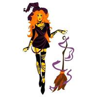 un' bellissimo giovane giallo strega con Magia abilità e un' volante scopa nel il aria. Halloween costume concetto. moderno vettore illustrazione, disegnato a mano. modelli di manifesti, adesivi per il vacanza