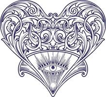 classico elegante vittoriano cuore turbine fiorire ornamento con uno occhio illustrazioni silhouette vettore
