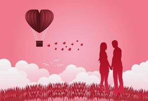 palloncini di San Valentino a forma di cuore che volano su sfondo vista erba, in piedi mano nella mano, mostrando amore gli uni agli altri. stile di arte della carta. illustratore vettoriale