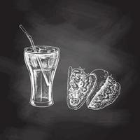 disegnato a mano bianca schizzo di tacos, Coca Cola bicchiere con ghiaccio isolato su gesso sfondo. monocromatico Rifiuto cibo Vintage ▾ illustrazione. grande per menù, manifesto o ristorante sfondo. vettore
