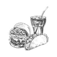 disegnato a mano schizzo di hamburger, taco e Coca Cola bicchiere, isolato. monocromatico Rifiuto cibo Vintage ▾ illustrazione. grande per menù, manifesto o ristorante sfondo. vettore